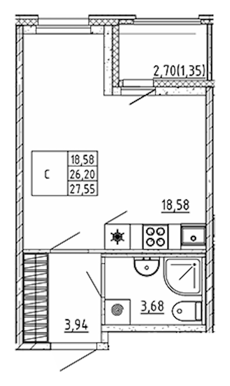 Квартира студия 24.91 м², 11/12 эт., ЖК «UP! Квартал Воронцовский»